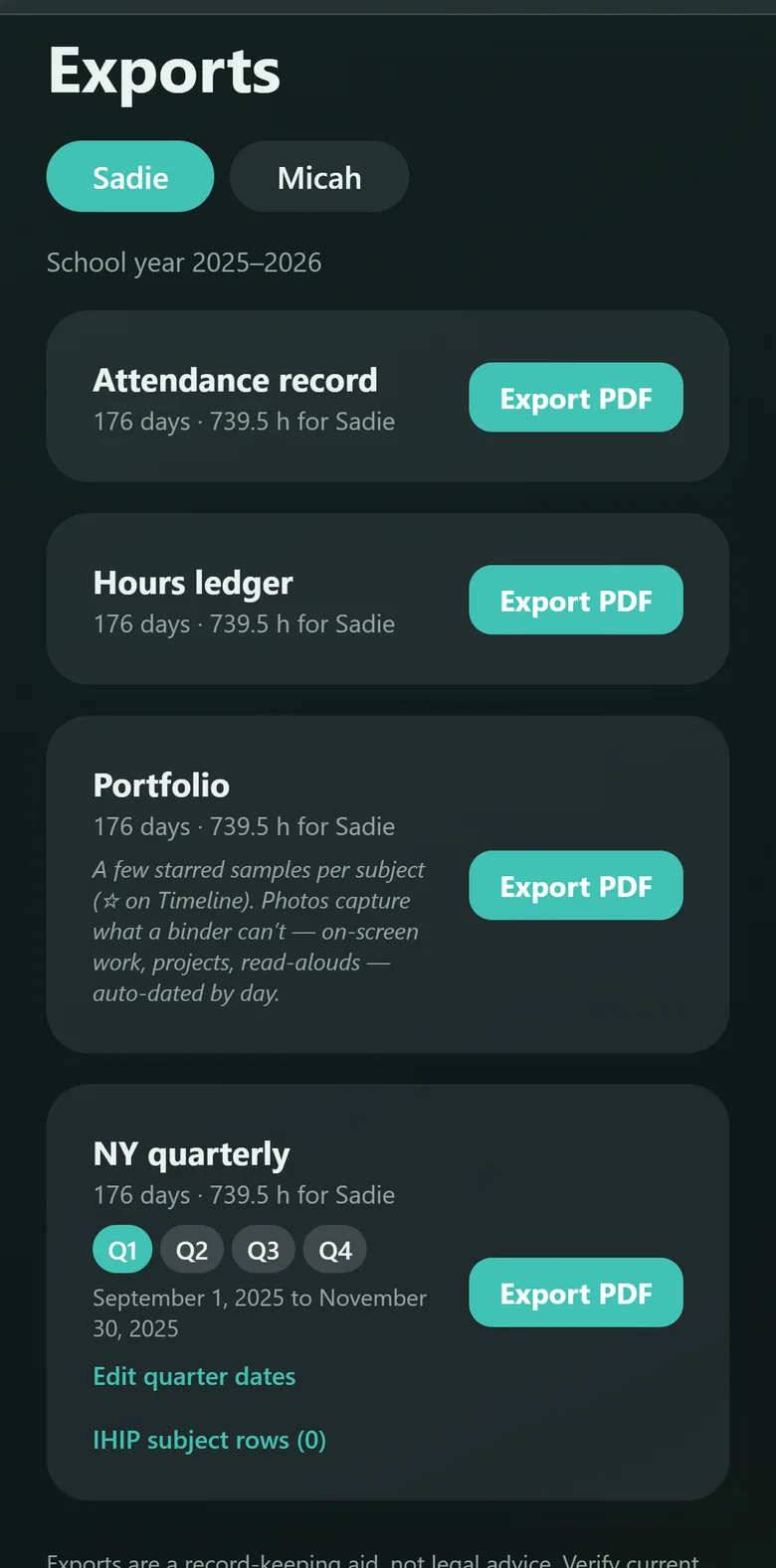 The Exports screen in Kept, offering an attendance record, hours ledger, portfolio and New York quarterly report as one-tap PDFs.