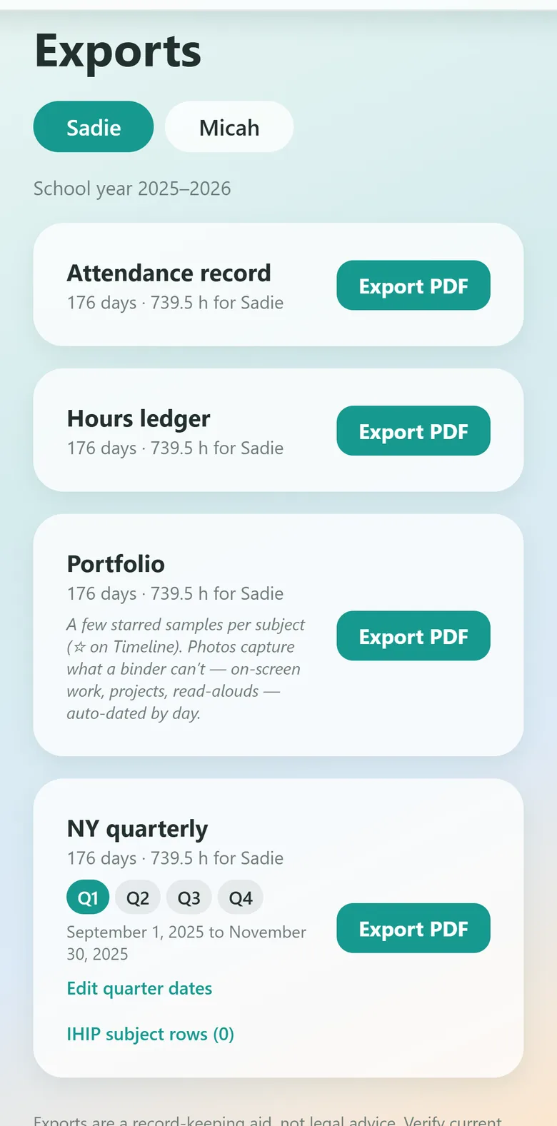 The Exports screen in Kept, offering an attendance record, hours ledger, portfolio and New York quarterly report as one-tap PDFs.