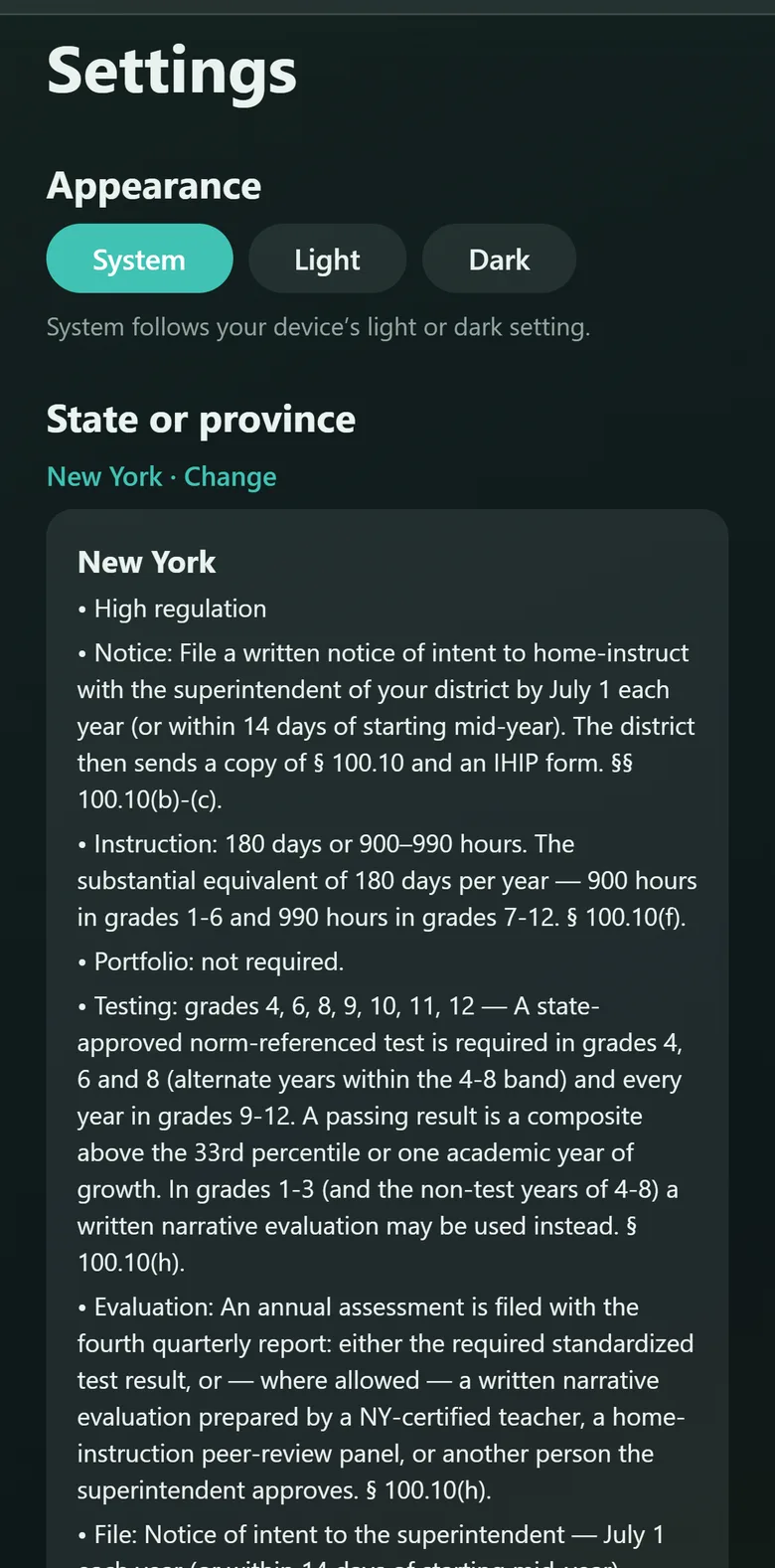 Kept showing New York's requirement summary: high regulation, the July 1 notice of intent, 180 days or 900–990 hours, testing grades, and the annual assessment — each cited to 8 NYCRR § 100.10.