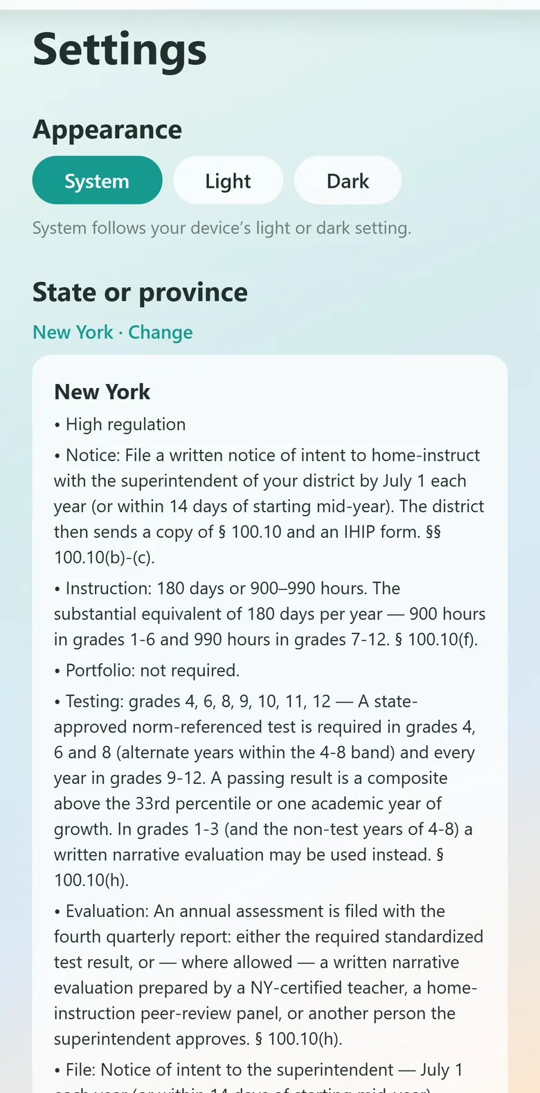 Kept showing New York's requirement summary: high regulation, the July 1 notice of intent, 180 days or 900–990 hours, testing grades, and the annual assessment — each cited to 8 NYCRR § 100.10.