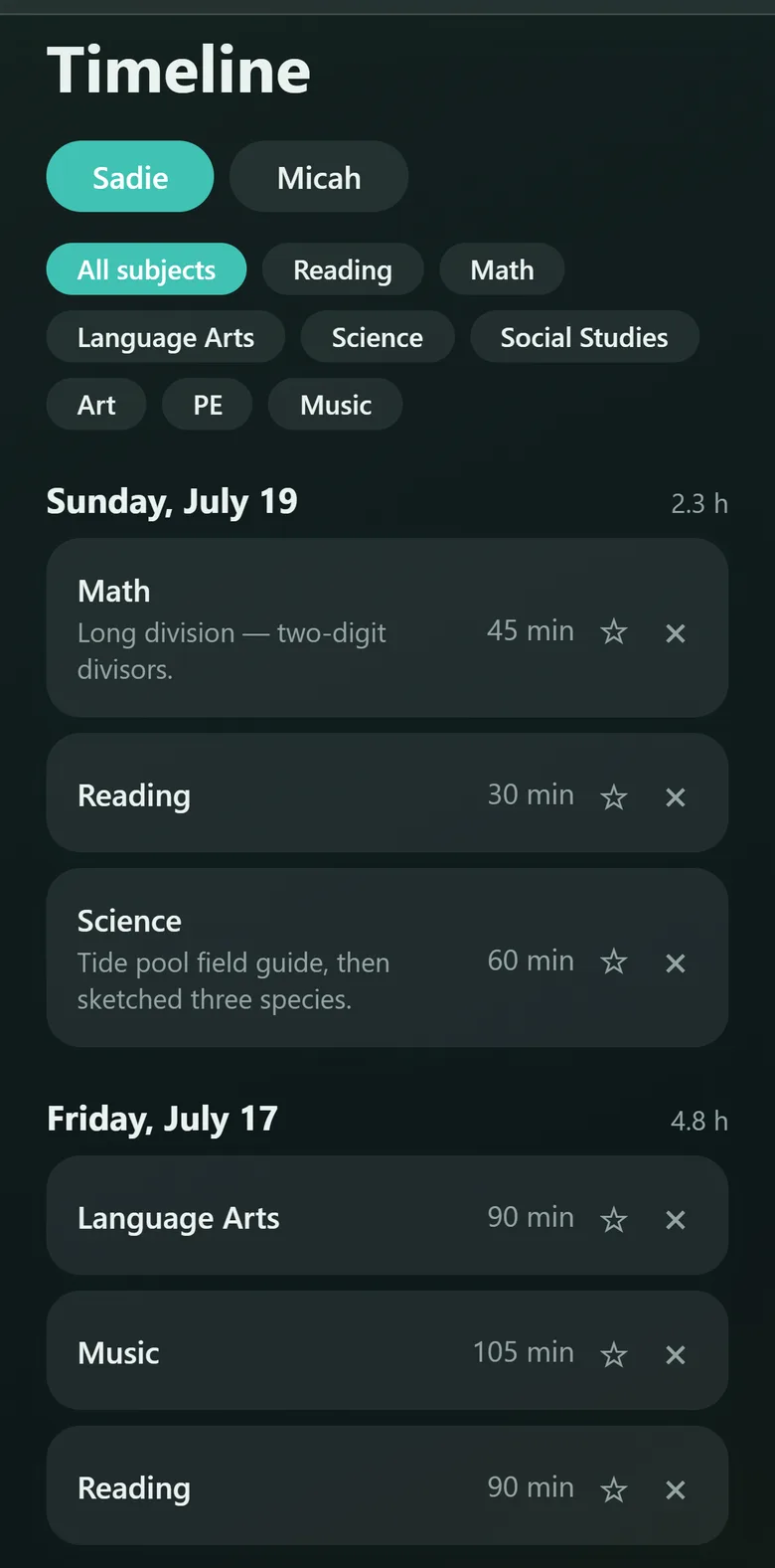The Timeline screen in Kept, showing logged entries grouped by day with notes and a star to mark portfolio samples.