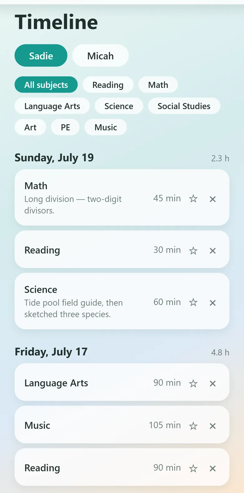 The Timeline screen in Kept, showing logged entries grouped by day with notes and a star to mark portfolio samples.