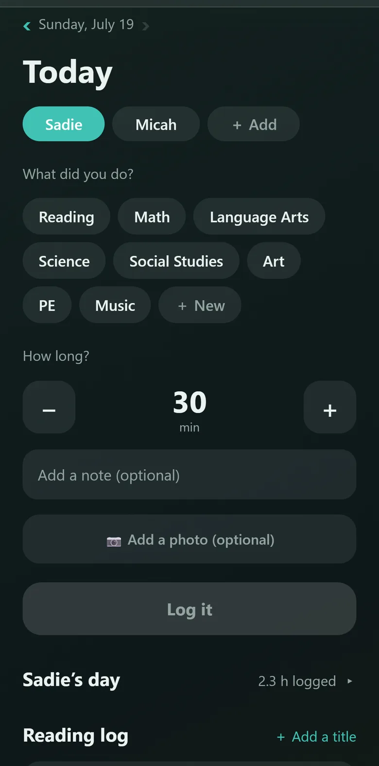 The same Today screen in dark mode — cool teal-charcoal background with the same layout.