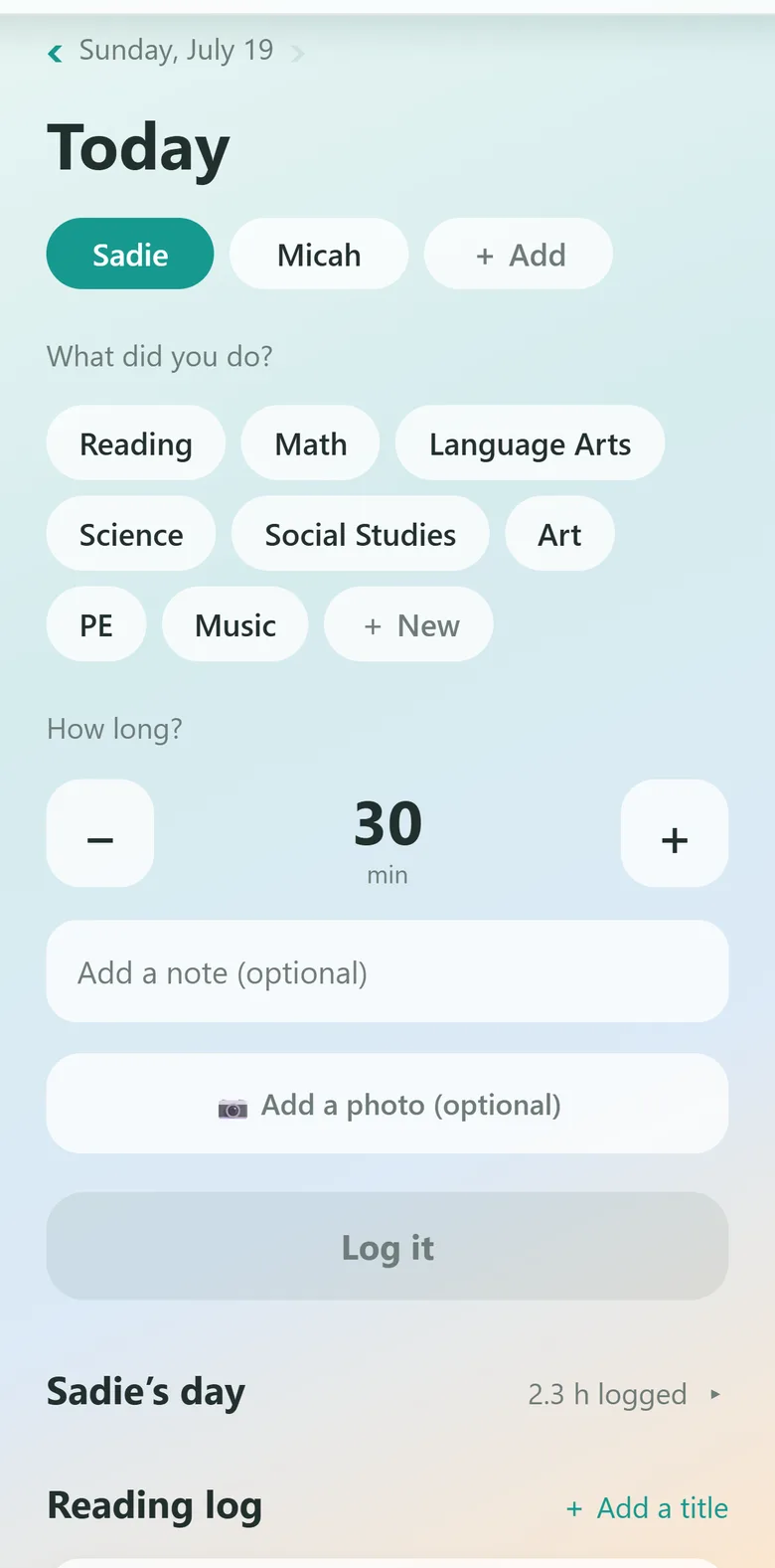 The Today screen in Kept: pick a child, tap a subject, set the minutes, and log the day.